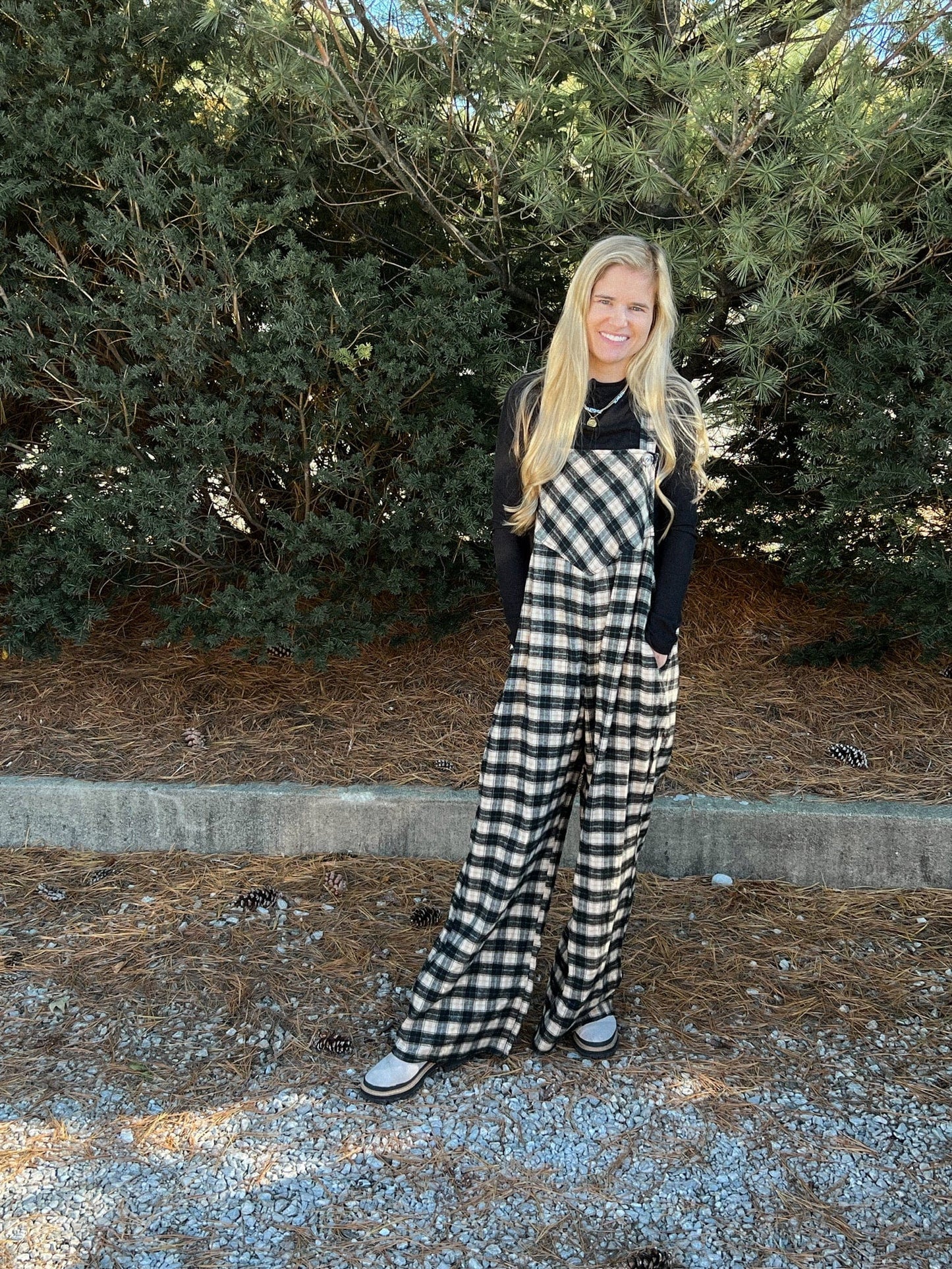 Brushed Plaid Wide Leg Overall