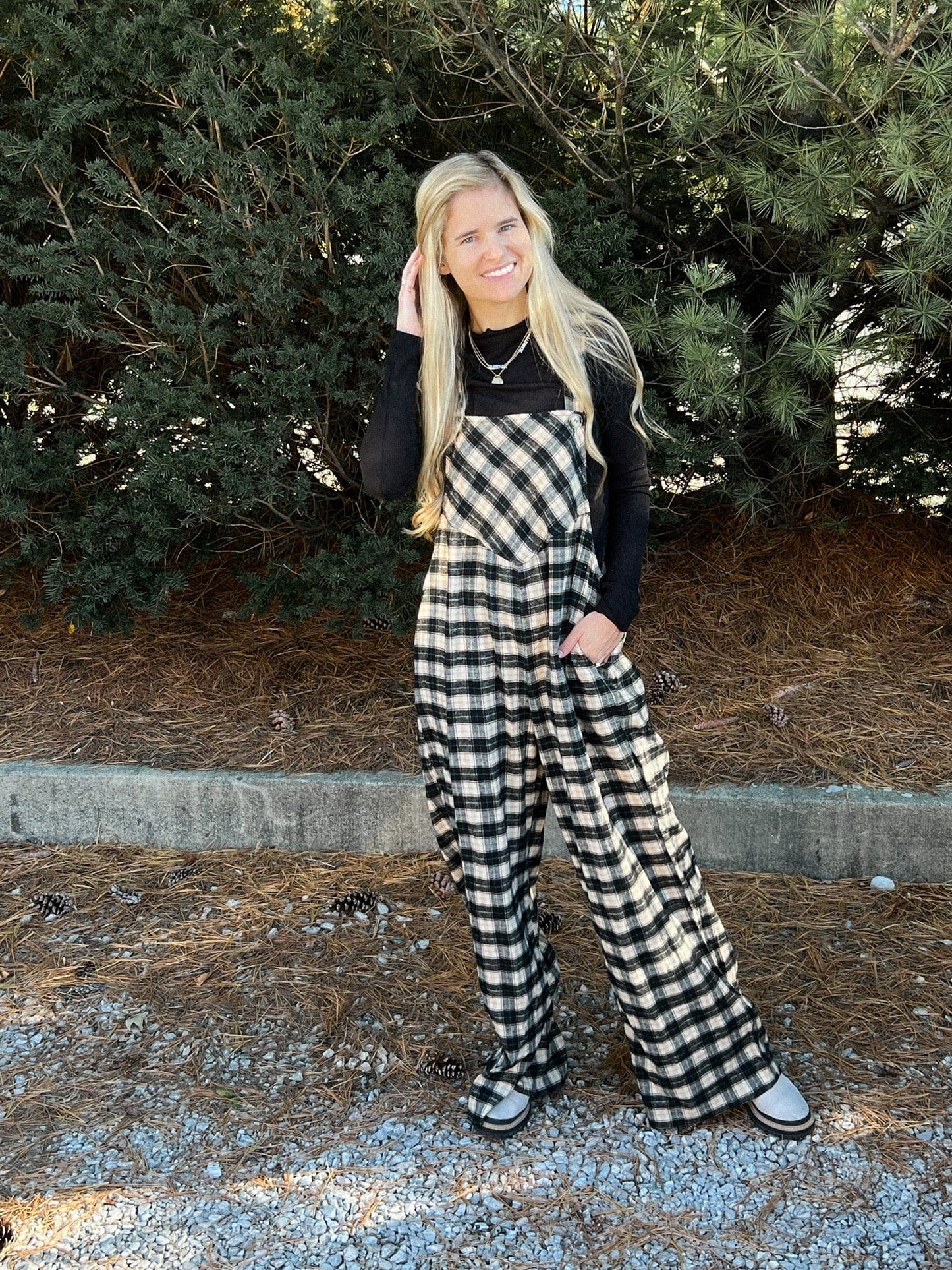 Brushed Plaid Wide Leg Overall