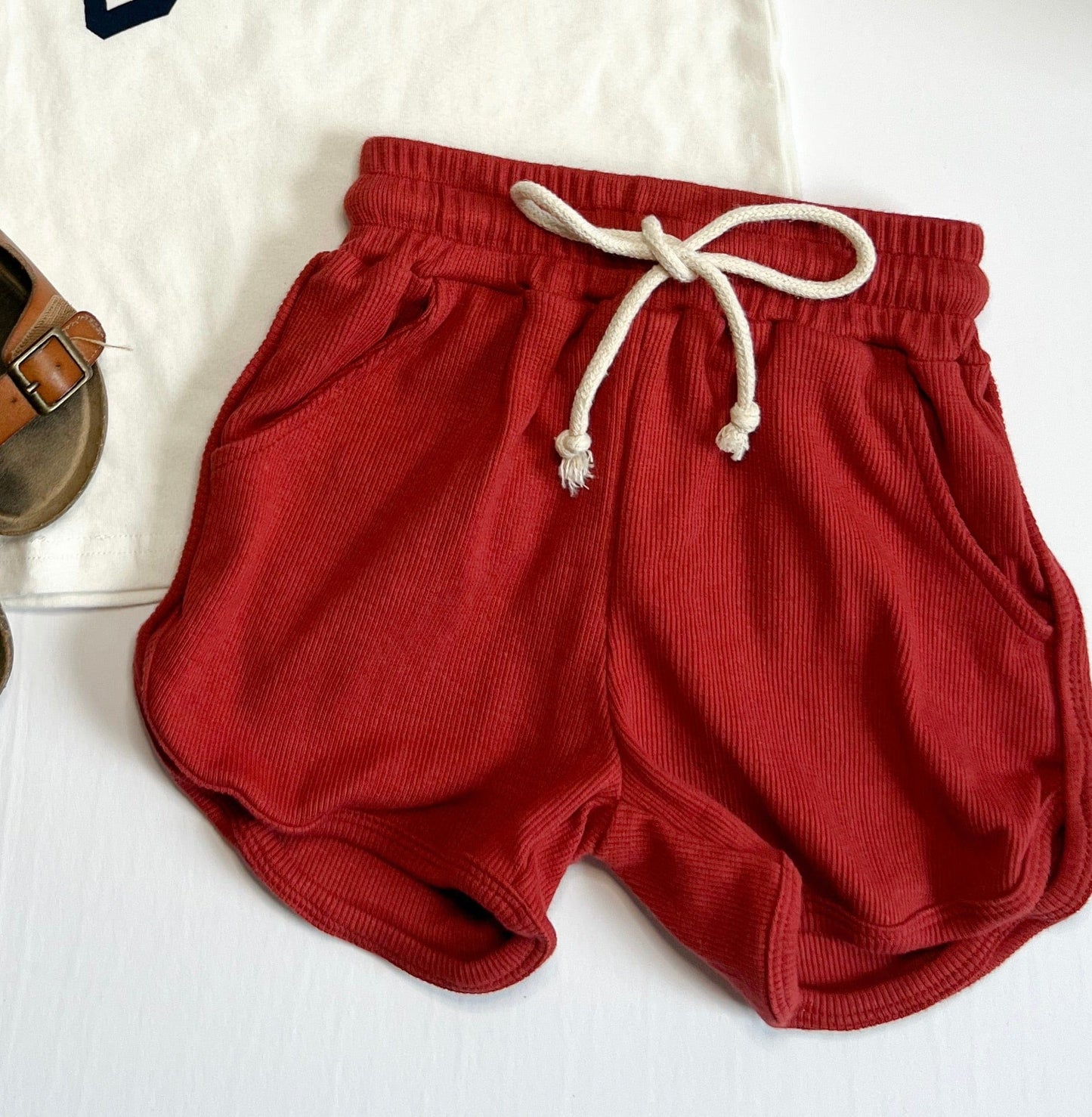Ribbed Red Drawstring Shorts