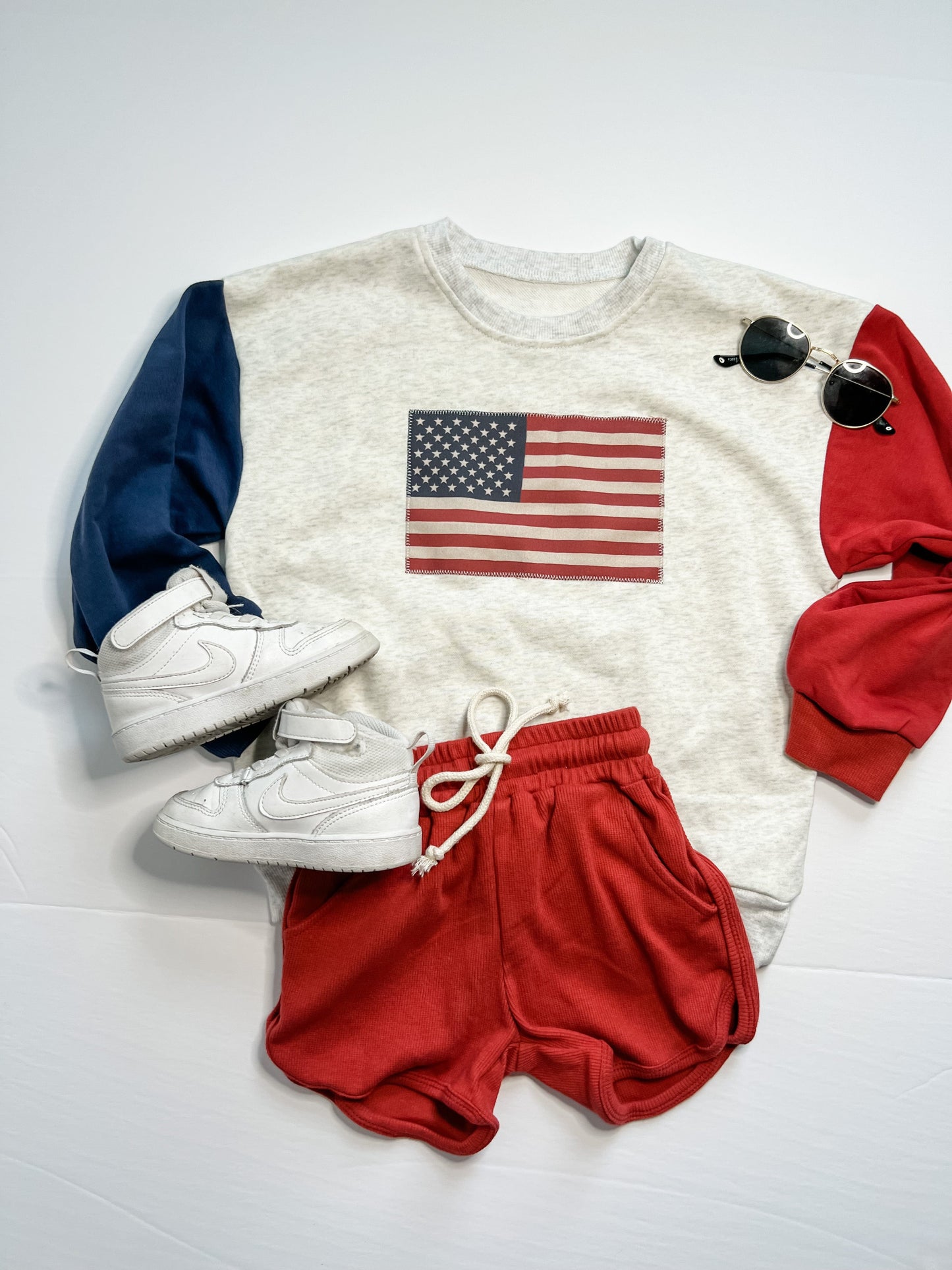 Red & Navy Stitched Flag Crewneck (or romper)