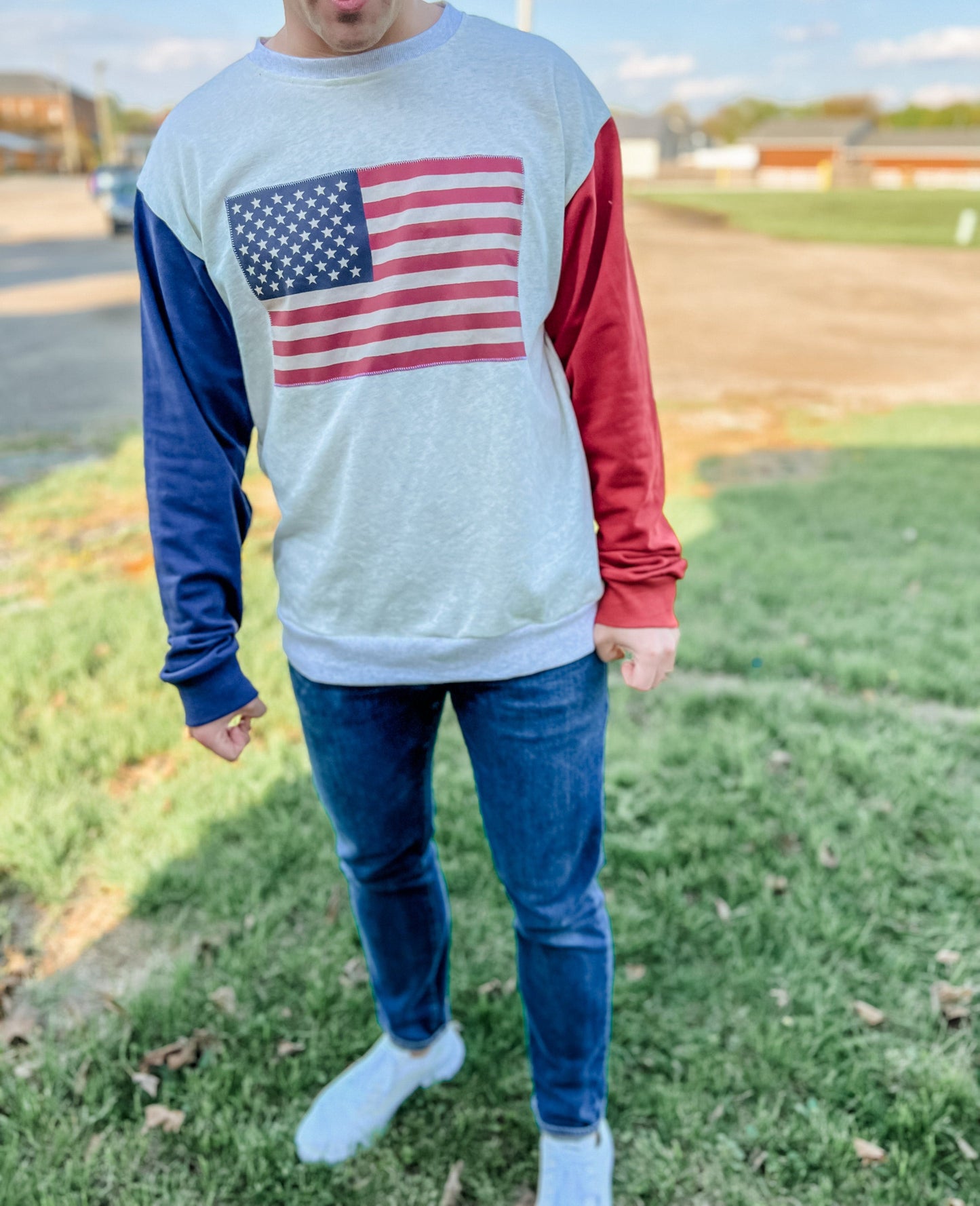 Red & Navy Stitched Flag Crewneck (or romper)