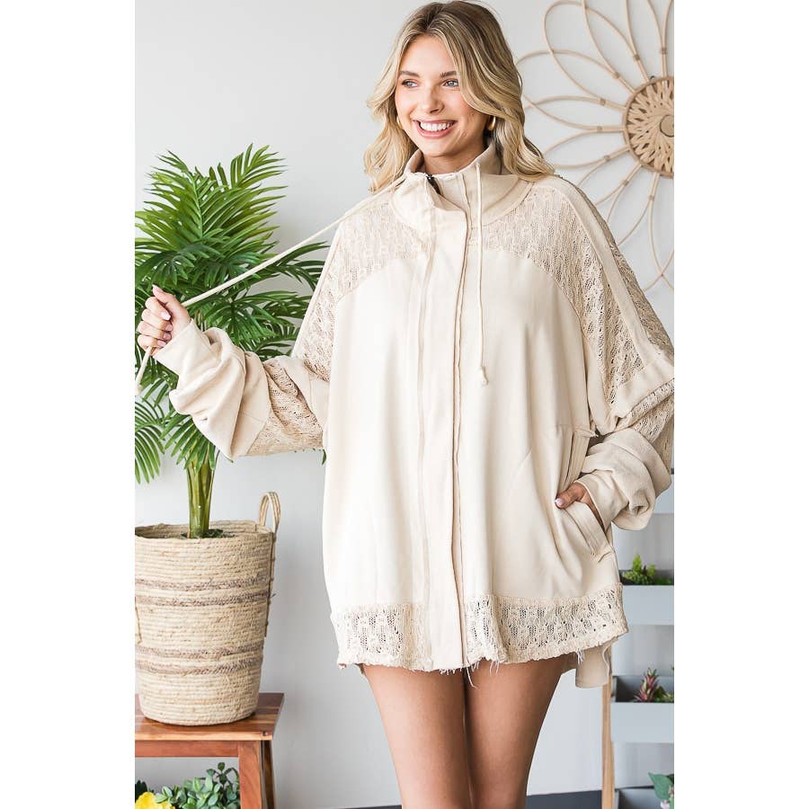Mineral Washed Crochet Lace French Terry Jacket