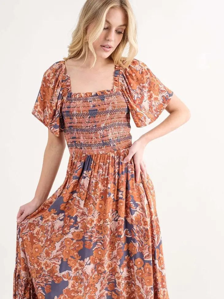 Navy Floral Maxi Dress With Square Neck