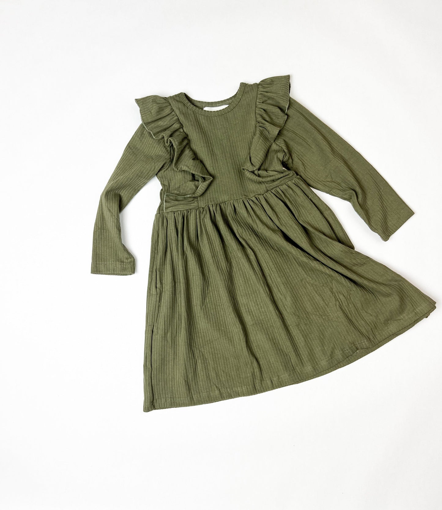 Olive Ribbed Ruffle Dress