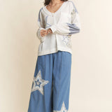 Denim Star Patchwork Elastic Waistband Pants
