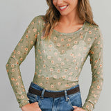 Vintage Floral Print Mesh Long Sleeve Top