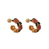 Vintage Enamel Camellia Flower Hoop Earrings in Solid Copper