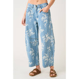 Floral Print Elastic Waist Barrel Jeans