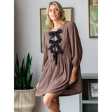 Brown Print Woven Ribbon Tie Short Dress