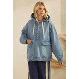 Med Wash Hooded Quarterzip Denim Jacket