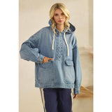 Med Wash Hooded Quarterzip Denim Jacket