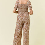 WIDE LEG SMOCKED PUFF SLEEVE JUMPSUIT