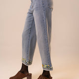 Light Wash Wide Leg Cuffed Embroidery Cropped Jean