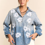 Flower Embroidered Button Front Wash Denim Shirt