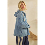 Med Wash Hooded Quarterzip Denim Jacket