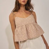 Floral Jacquard Tie Shoulder Flowy Babydoll Tank Top