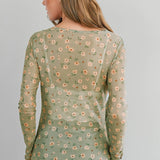 Vintage Floral Print Mesh Long Sleeve Top