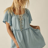 Tencel Denim Half-Button Flutter-Sleeve Babydoll Romper