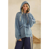 Med Wash Hooded Quarterzip Denim Jacket