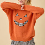Pumpkin Face Patchwork Sweater Knit Top