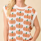 Pumpkin Print Sleevless Sweater Knit Top