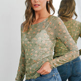 Vintage Floral Print Mesh Long Sleeve Top