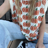 Pumpkin Print Sleevless Sweater Knit Top