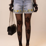 Light Wash High Rise Cuffed Embroidered Denim Shorts