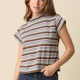Brown & Blue Lizz Stripe Mock Neck Tee