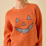 Pumpkin Face Patchwork Sweater Knit Top