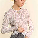 Checker Board Mesh Long Sleeve Layering Top