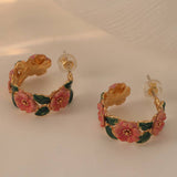 Vintage Enamel Camellia Flower Hoop Earrings in Solid Copper