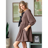 Brown Print Woven Ribbon Tie Short Dress