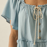 Tencel Denim Half-Button Flutter-Sleeve Babydoll Romper
