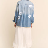 Flower Embroidered Button Front Wash Denim Shirt