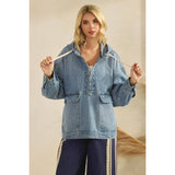 Med Wash Hooded Quarterzip Denim Jacket