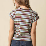 Brown & Blue Lizz Stripe Mock Neck Tee