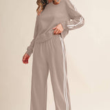 Grey Stripe Cropped Top & Wide Leg Pants Set