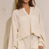 Pointelle Placket V-neckline Top
