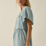 Tencel Denim Half-Button Flutter-Sleeve Babydoll Romper