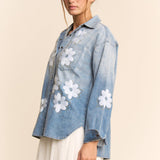 Flower Embroidered Button Front Wash Denim Shirt