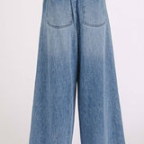 WASHED DENIM ELASTIC BUTTON FLY WIDE LEG PANTS