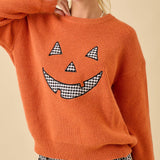 Pumpkin Face Patchwork Sweater Knit Top