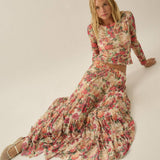 Floral-Print Mesh Tiered Ruffle Circle Maxi Skirt