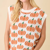 Pumpkin Print Sleevless Sweater Knit Top
