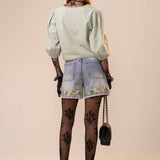 Light Wash High Rise Cuffed Embroidered Denim Shorts