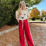 LACE STRIPED ELASTIC WAIST TERRY SWEATPANTS