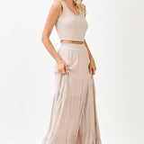 TIERED FLOWY ELASTIC WAIST LINED MAXI SKIRT