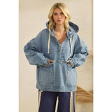 Med Wash Hooded Quarterzip Denim Jacket