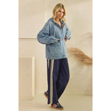 Med Wash Hooded Quarterzip Denim Jacket